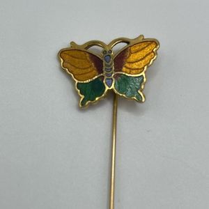 Vintage Cloisonné style butterfly stick pin gold tone